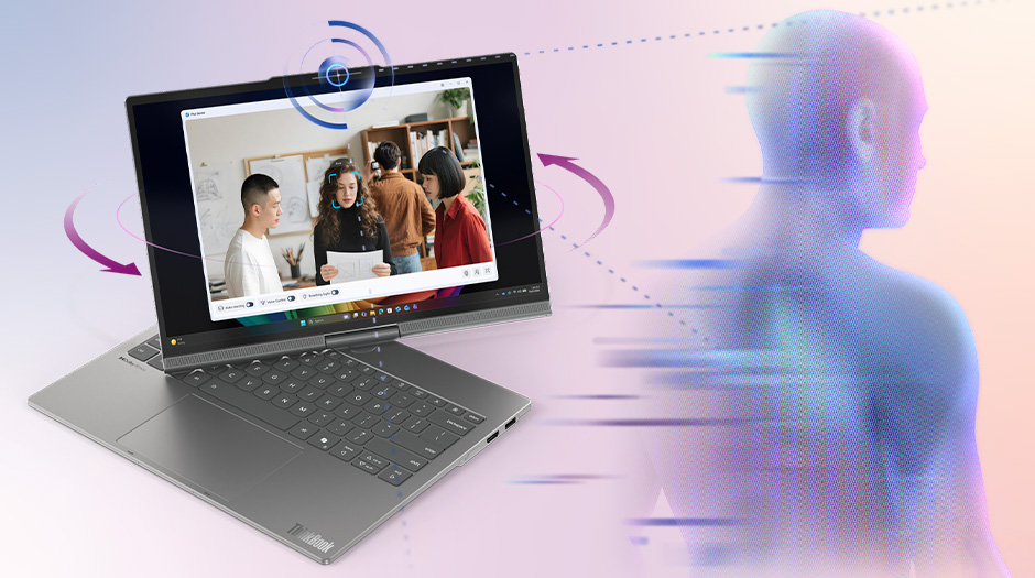 Arrows showing dynamic movement tracking with a video call on the display of the Lenovo ThinkBook Plus Gen 7 Auto Twist (14″ Intel) laptop.