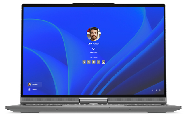 Windows Hello login screen on the Lenovo ThinkBook Plus Gen 7 Auto Twist (14″ Intel) laptop.