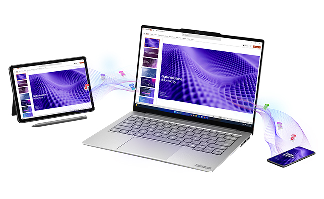 Ein Lenovo ThinkBook 14x (14" Intel) Notebook zwischen einem Tablet mit Stift und einem Smartphone, mit Grafiken zur Veranschaulichung von Smart Connect.