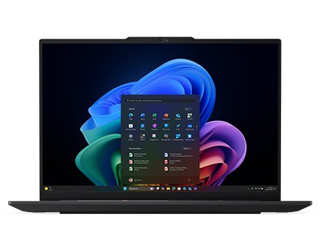 Lenovo ThinkPad E16 Gen 4 (16″ Intel) 筆記型電腦時尚的正面視圖，以其寬螢幕、窄邊框及鮮豔的螢幕為特色。