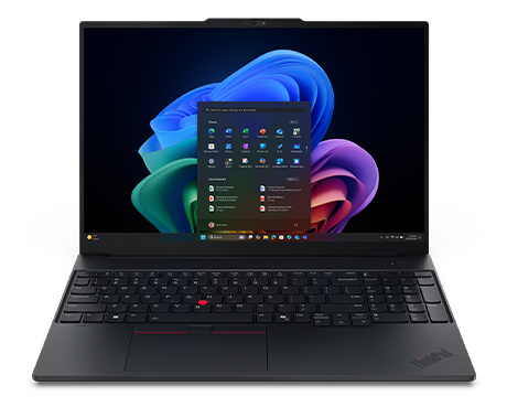 Lenovo ThinkPad E16 Gen 4 (16″ Intel) 筆記型電腦置於前方，配備動態螢幕顯示，螢幕上顯示 Windows 選單。