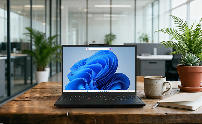 A workstation setup with the Lenovo ThinkPad P16s i Gen 5 on a wooden desk in an office.