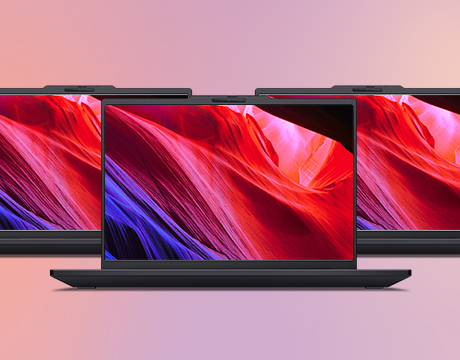 Three Lenovo ThinkPad P14s Gen 7 (14" AMD) laptops displaying vibrant red & blue abstract screens, boasting outstanding color accuracy.