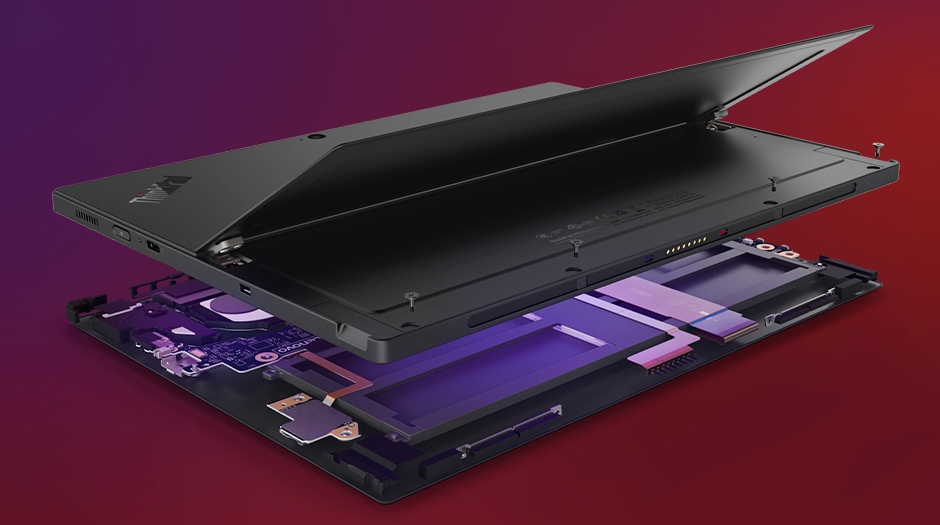 Breakout view, showing internal components, of the Lenovo ThinkPad X13 Detachable (13” Intel).