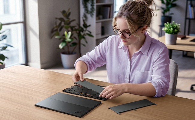 A woman at a desk removes the bottom cover from the Lenovo ThinkPad X13 Detachable (13” Intel).