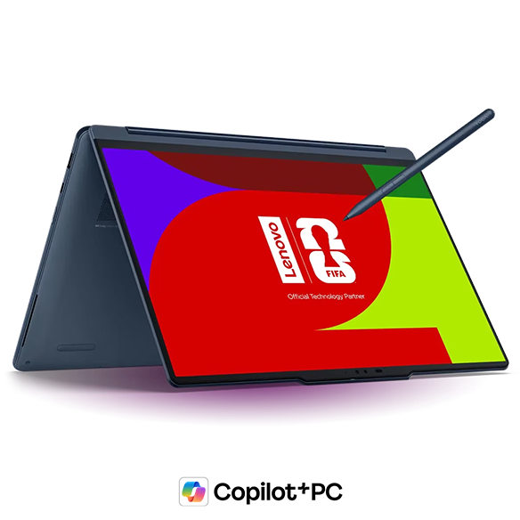 Lenovo YOGA 9i 2-in-1 Gen 11 in tent mode with colorful Lenovo FIFA graphics.