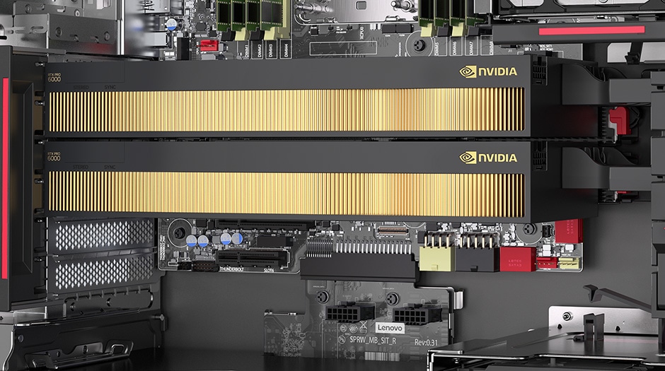 Interior view of Lenovo ThinkStation P5 Gen 2 (Intel) tower, focusing dual NVIDIA graphics cards.