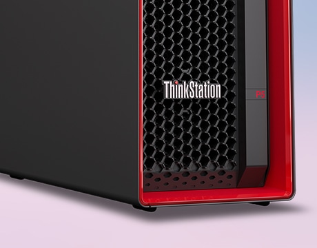 Close-up, cut-shot view of Lenovo ThinkStation P5 Gen 2 (Intel) tower workstation with front panel with red trim & logo.