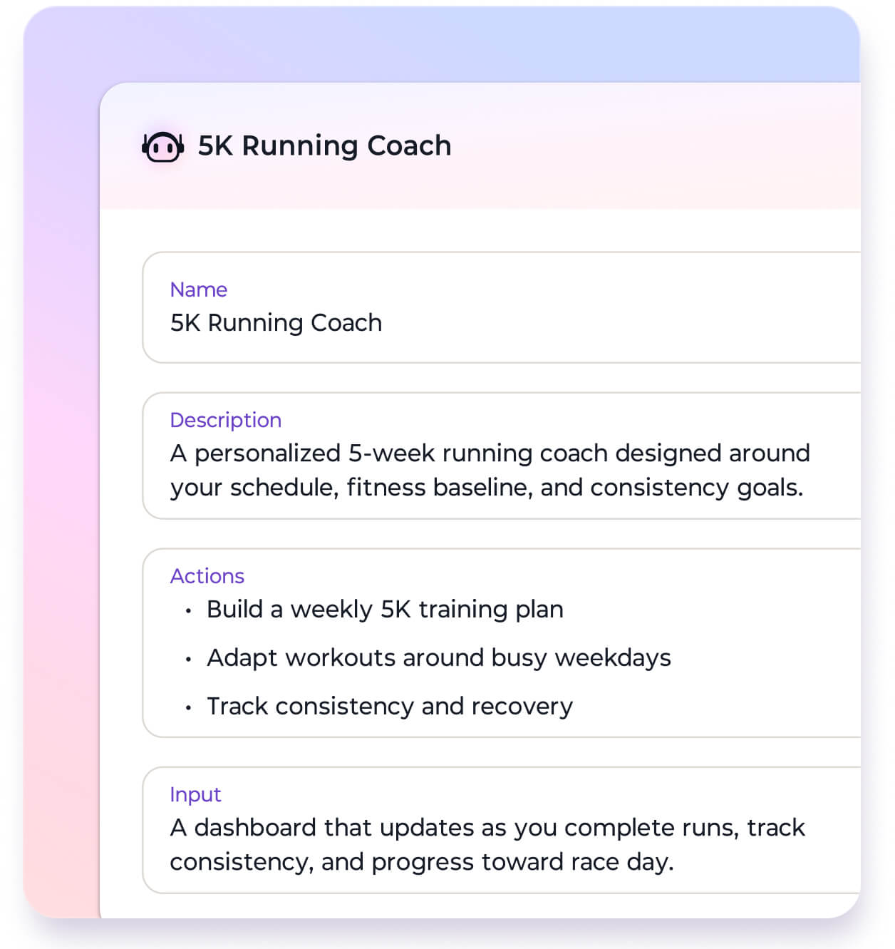 Lenovo Qira showing the 5K Running Coach agent detail with Name, Description, Actions, and Input fields