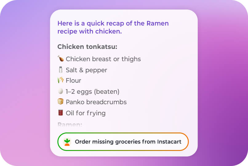 Instacart integration showing recipe-based grocery order suggestions