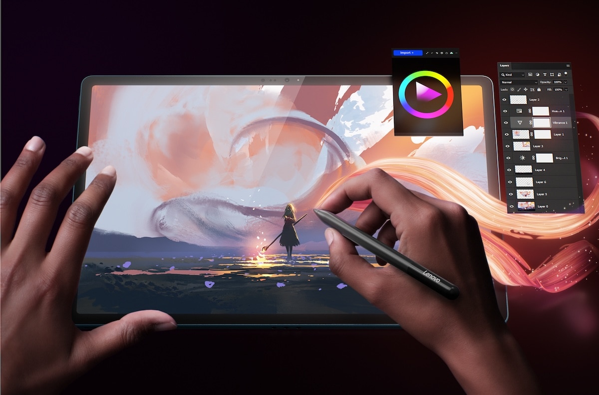 Une personne travaillant sur le Lenovo Yoga Tab Plus avec le stylet utilisant l’application Adobe Lightroom pour modifier facilement une image avec de superbes préréglages et options de couleurs.