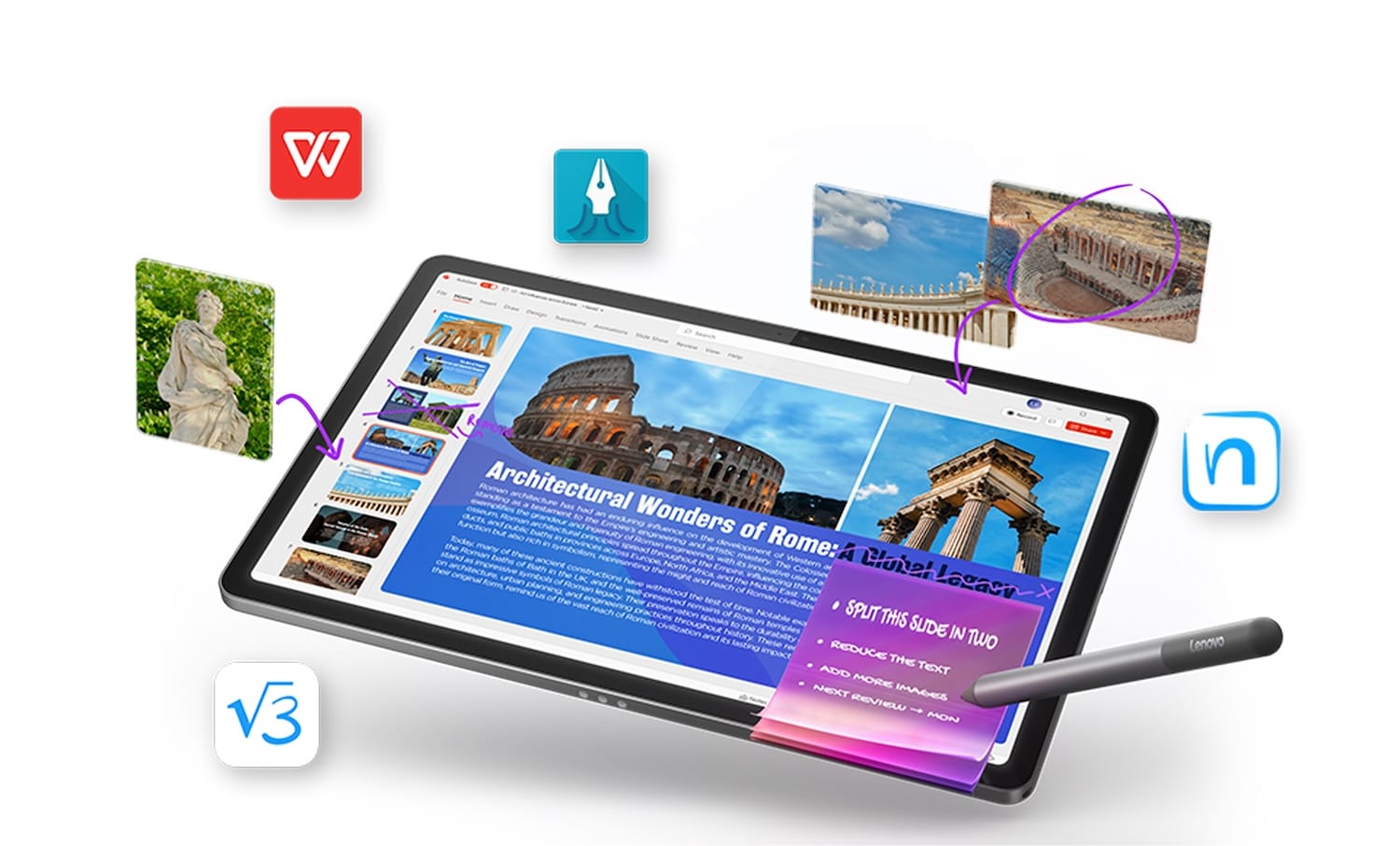Une tablette Lenovo Idea avec des applications éducatives et des images flottantes, comme le stylet Lenovo Tab interagit avec les notes numériques à l’écran.