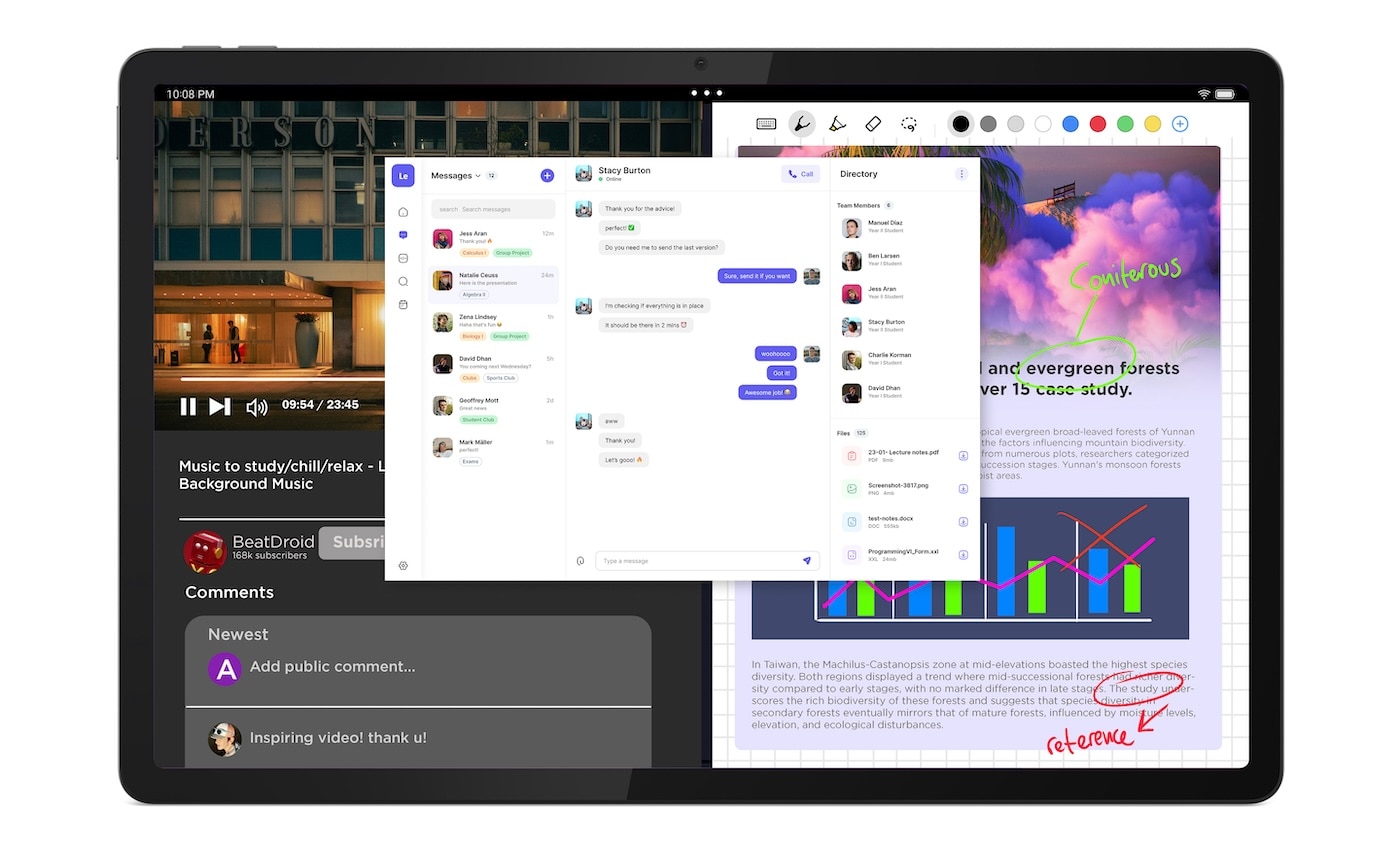 Tablette Lenovo affichant plusieurs fenêtres d’applications superposées, dont une application de messagerie, une interface de dessin et un lecteur vidéo, sur un grand écran.