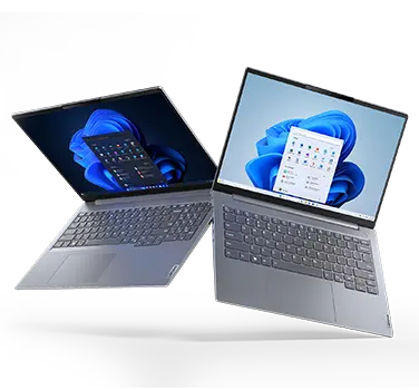 Lenovo ThinkBook 14 Gen 6 -kannettava vieressään ThinkBook 16 Gen 6 -kannettava, molemmissa kannet auki ja Windows-valikko näytöllä