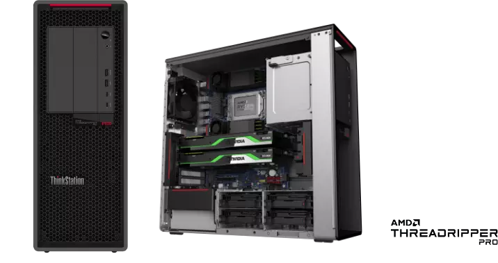 Head shot of Lenovo ThinkStation P620 tower workstation, next to left-side view showing interior components.
