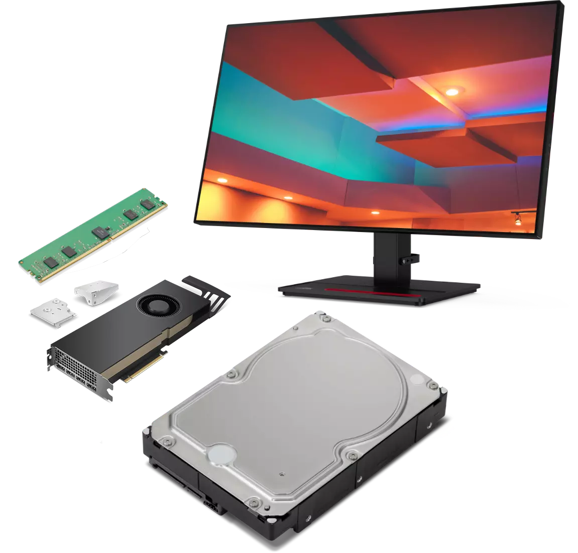 5 accessories compatible with the Lenovo ThinkStation P620 tower workstation including monitor, graphics card