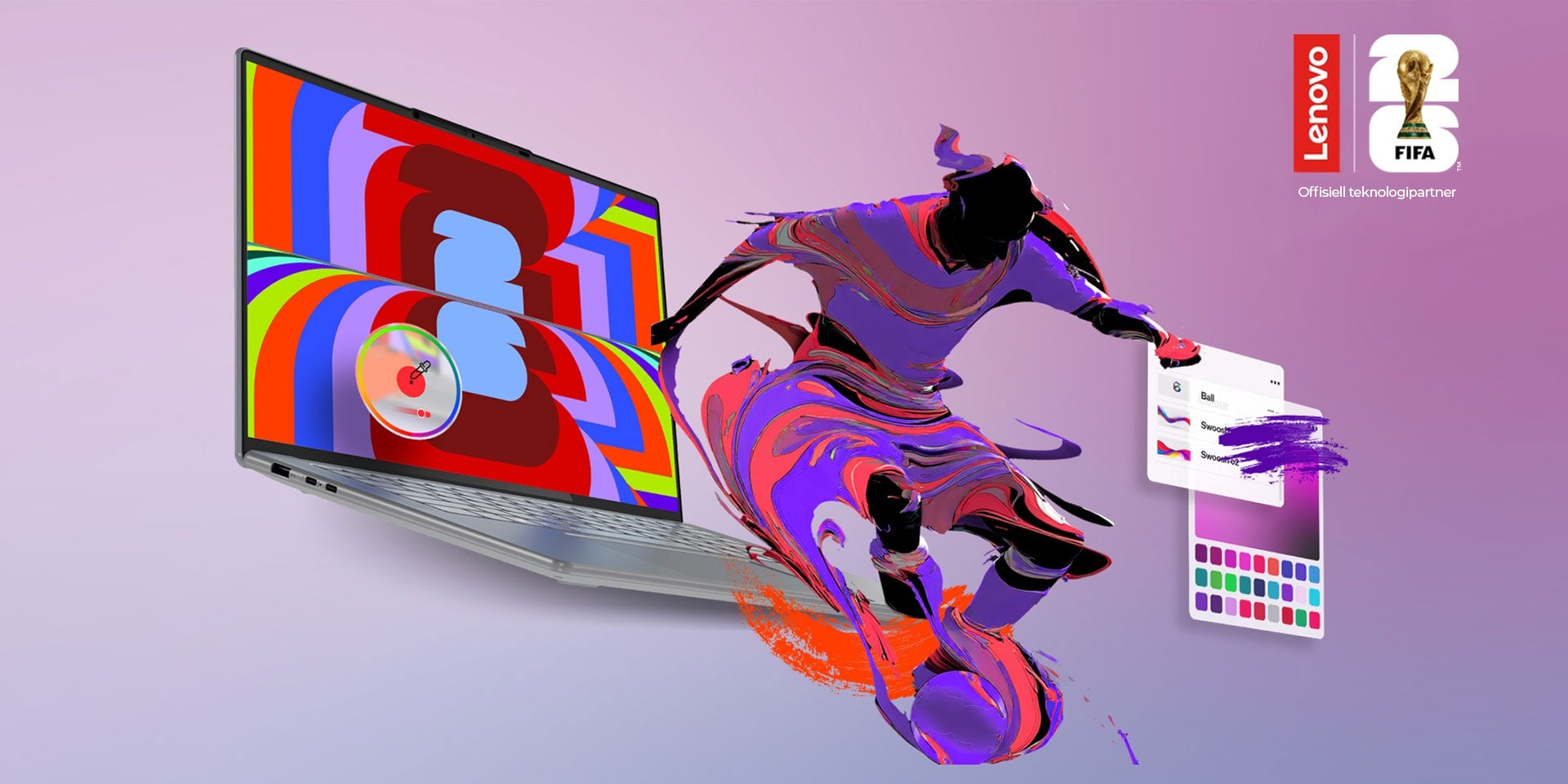 En illustrert fotballspiller som dribler en ball, ser ut til å hoppe ut av en FIFA ’26-logo på skjermen på en Yoga bærbar PC.