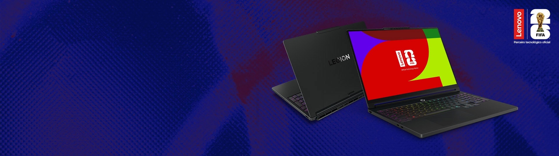 Open and closed gaming laptops on red-blue background; screen shows Lenovo FIFA logo, Lenovo Legion laptops.