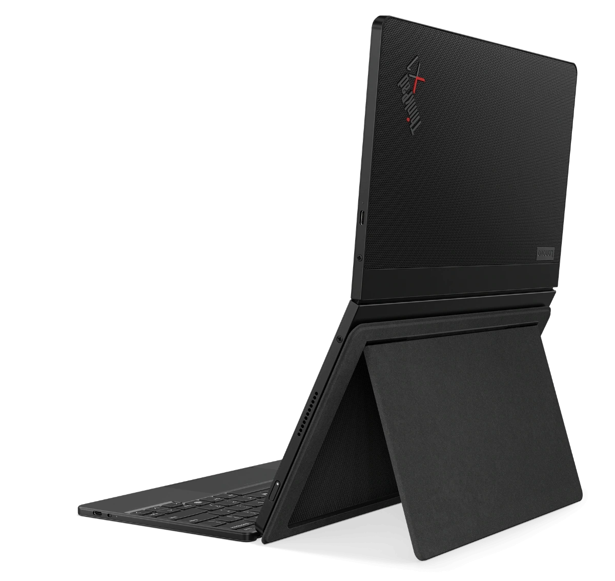 Right-rear view of the Lenovo ThinkPad X1 Fold in portrait mode showing kickstand in use, attached to optional keyboard.