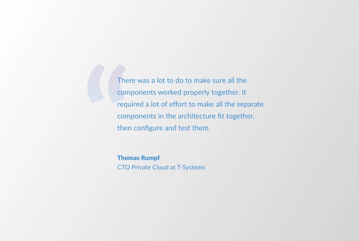 quote from Thomas Rumpf: There was a lot to do to make sure all the components worked properly together. It required a lot of effort to make all the separate components in the architecture fit together, then configure and test them.