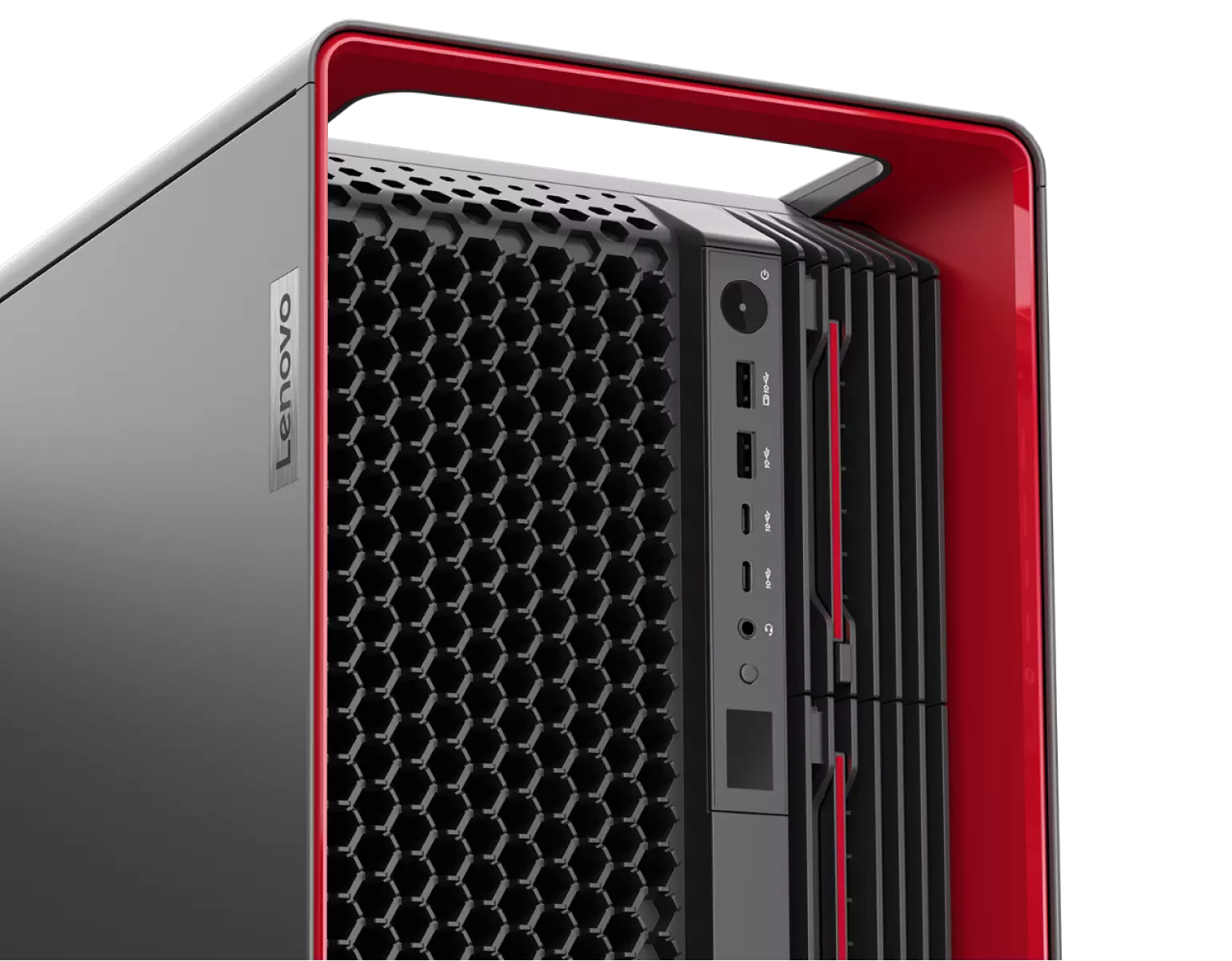 A zoomed in front top side view of the Lenovo Workstation PX, showing ports