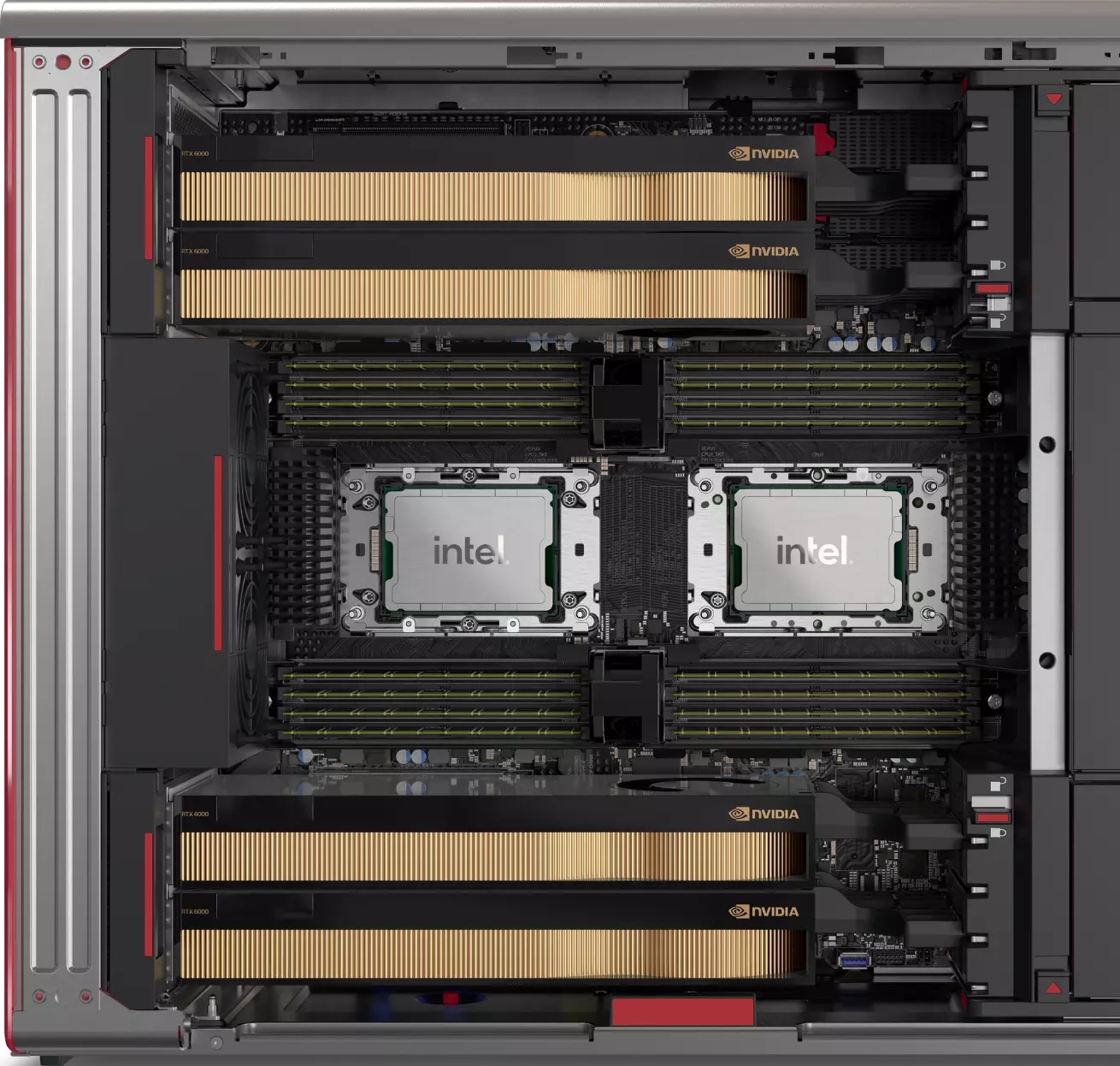 Detailweergave van de binnenkant van de Lenovo Workstation PX, met twee CPU's, geheugencompartimenten en ruimte voor vier grafische kaarten