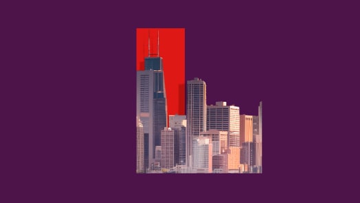 City skyline with a red rectangle on purple background.