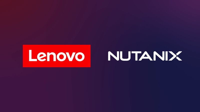 The image shows the Nutanix and Lenovo logos in the foreground of a purple backgroung. 