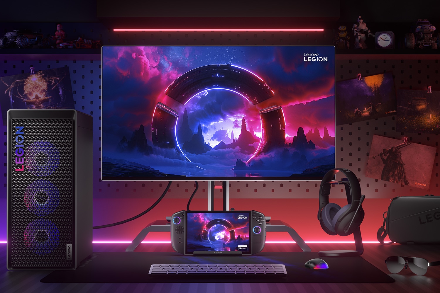 A Lenovo Legion gaming setup, including Legion Go, a tower, a monitor, a keyboard, and a mouse.  