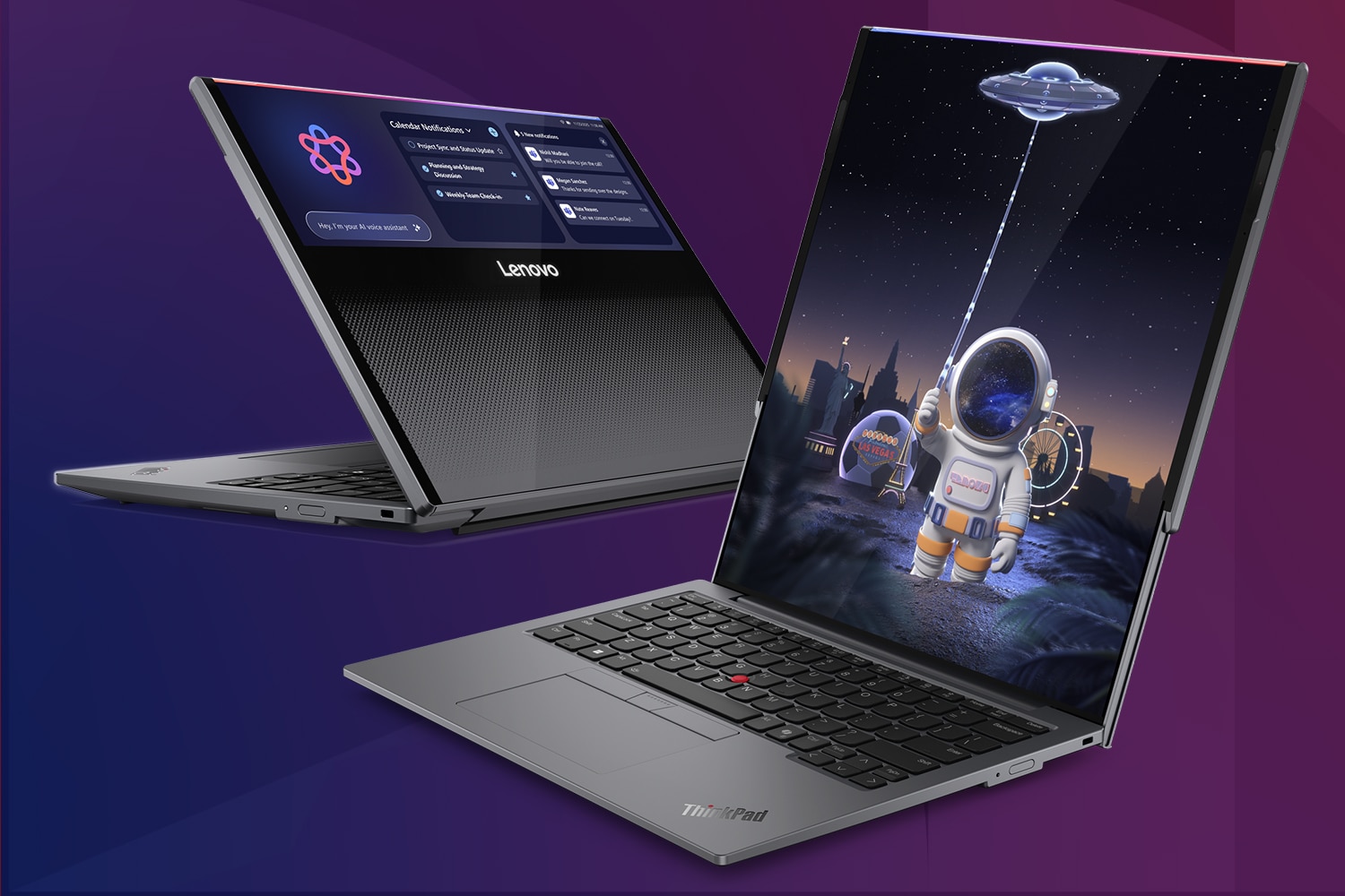 Two views, one from the back and one with an extended display, of the ThinkPad Rollable XD Concept.