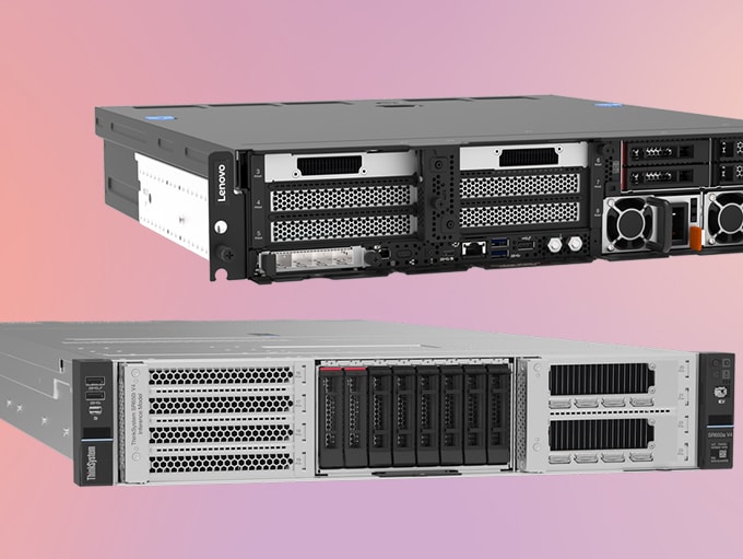 Front views of a Lenovo ThinkEdge SE455i V3 server and a Lenovo ThinkSystem SR650i V4.