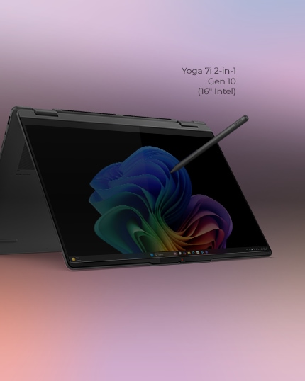 Lenovo Yoga 7i 2-in-1 Gen 10 (16” Intel) の2つのビュー。ノートパソコンモードのビューと、タブレットモードでペンが画面にホバリングしているビュー。