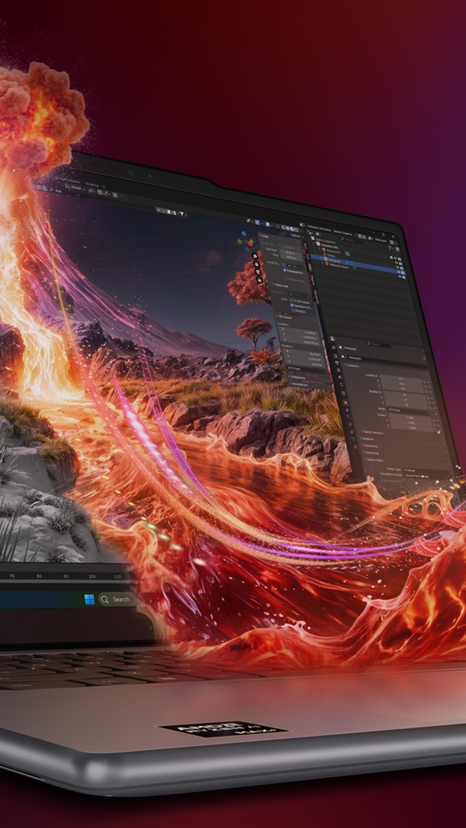 A firey swirl hovers before the display of a Lenovo Yoga laptop.  