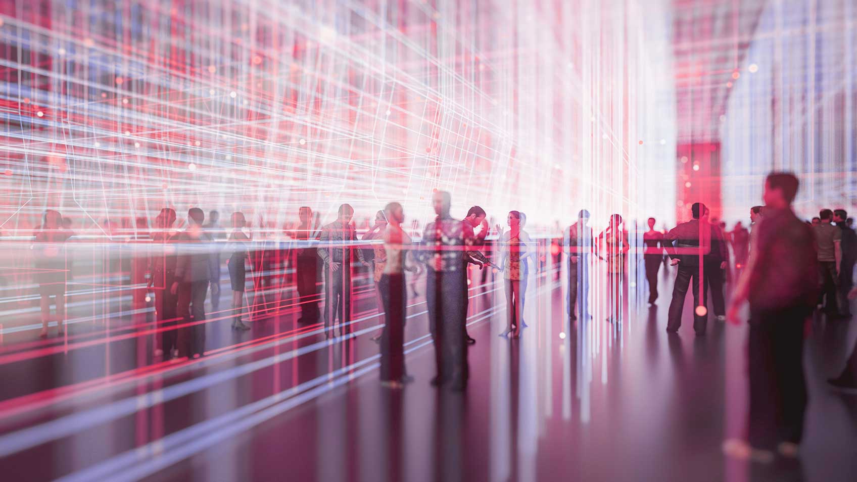 People standing in an open room with beams of red and blue lights around them.