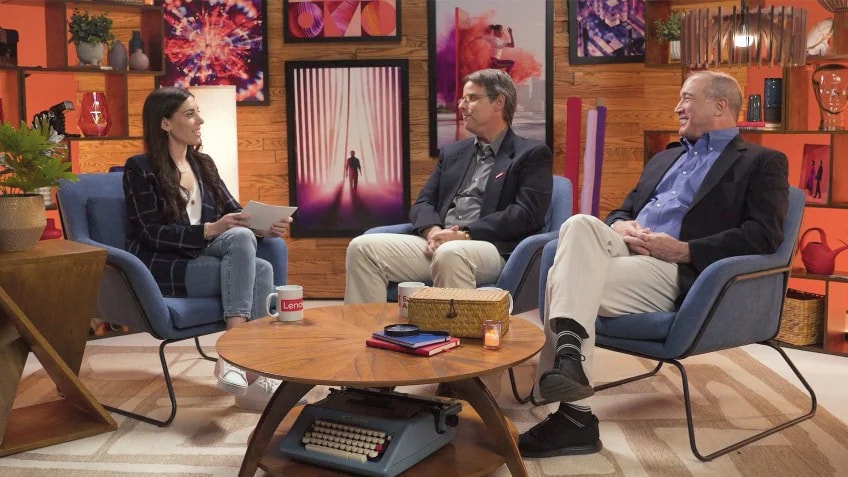 Alexa Carlin interviewing Pat Moakley and James Greene in the Lenovo Studio.
