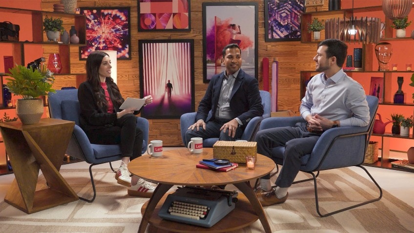 Alexa Carlin interviewing Niranjan Choudhary and Jamal Ayoubi in the Lenovo Studio.
