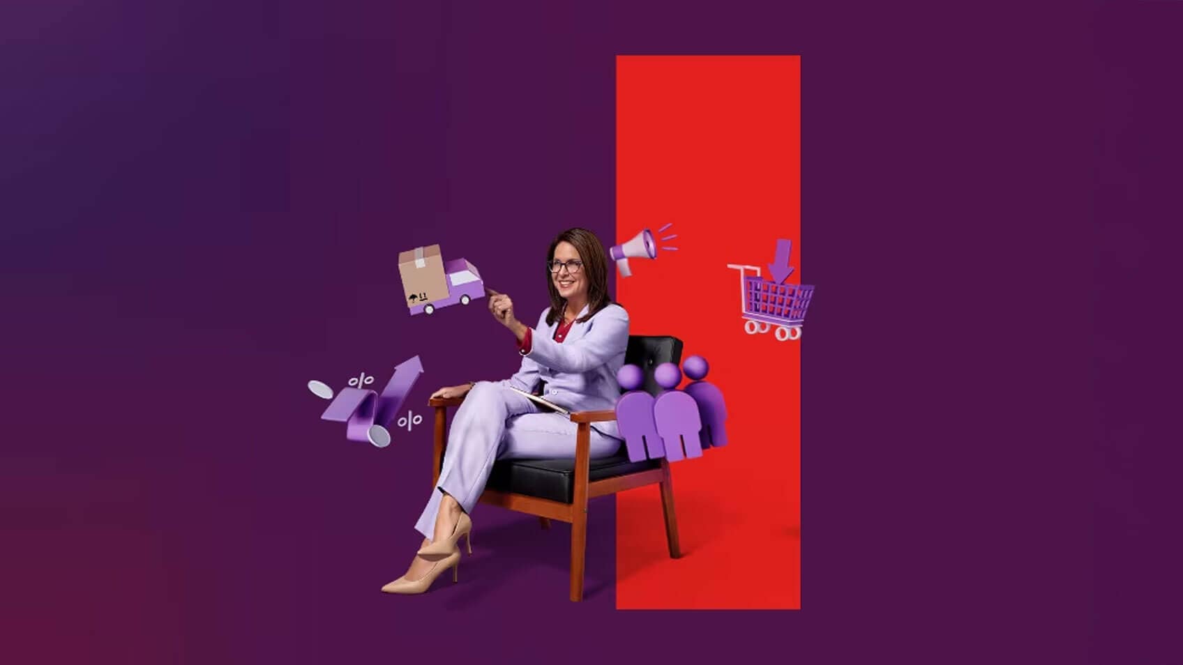 A woman seated in a chair next to the red Lenovo portal with purple 3-D objects floating around her, including a delivery truck, bullhorn, shopping cart, people, and an upwards arrow.