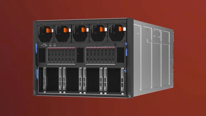 Image of a server angled to the left with a red background. 