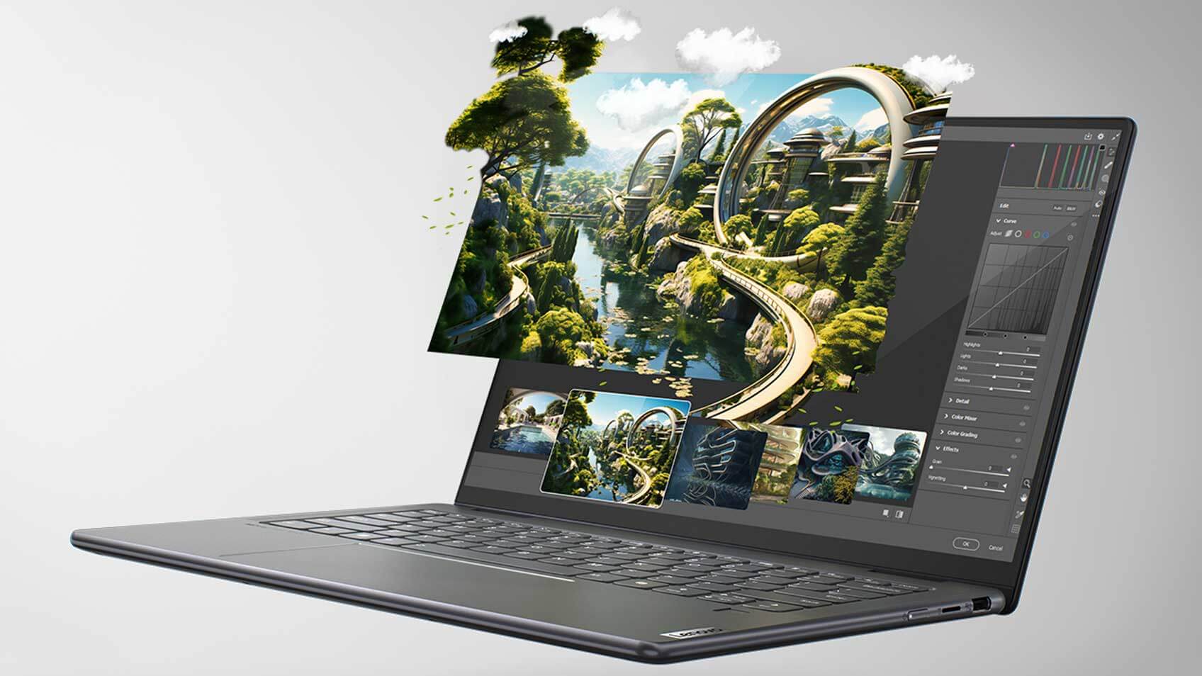 A Yoga laptop with the images on the screen popping out of it