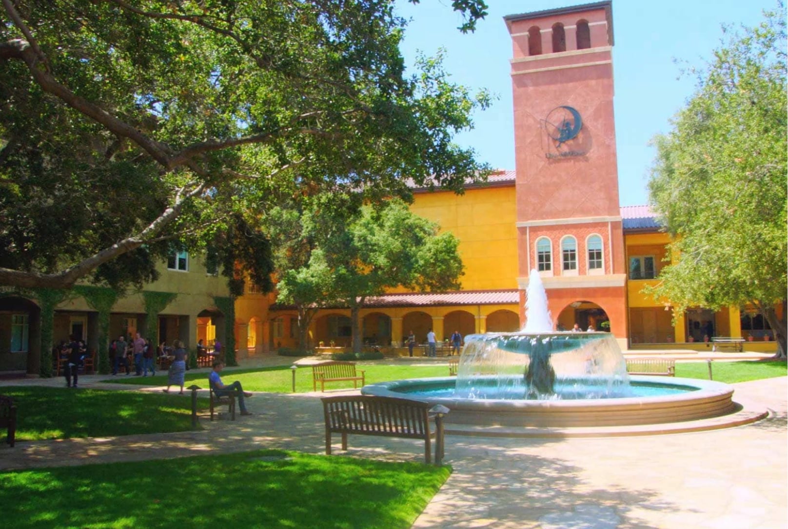 An outdoor courtyard with a fountain