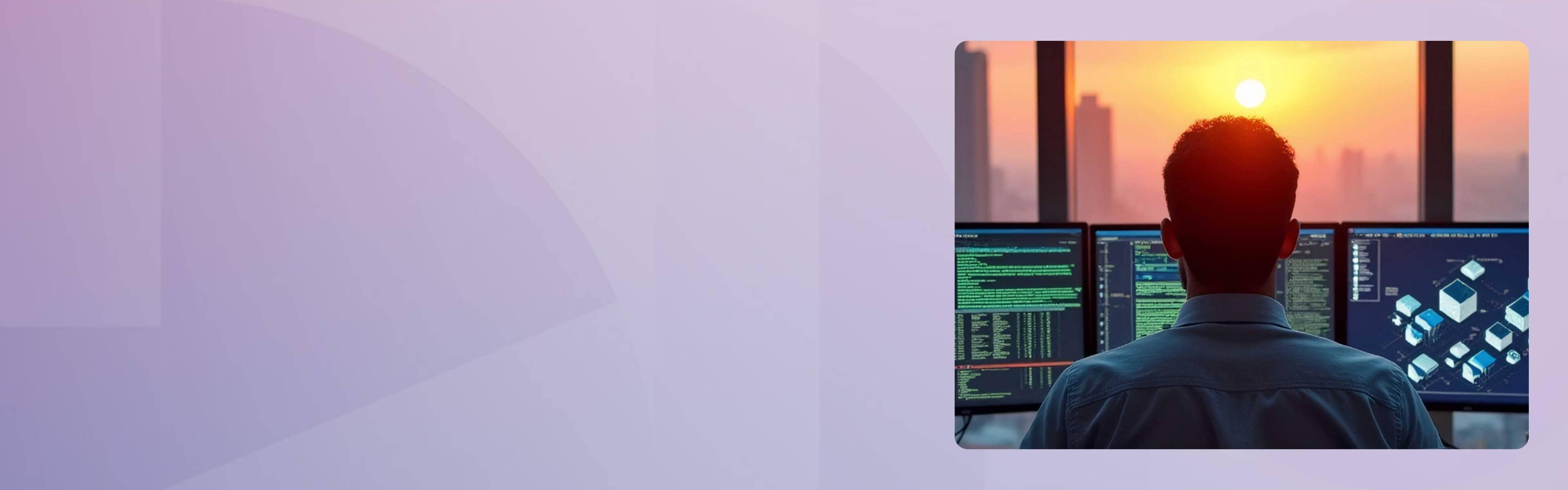 Man facing three computer screens and window in front of him with sun setting.