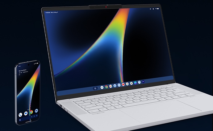 Lenovo Googlebook 15 und ein Smartphone, beide mit derselben lebendigen Chrome OS-Schnittstelle.