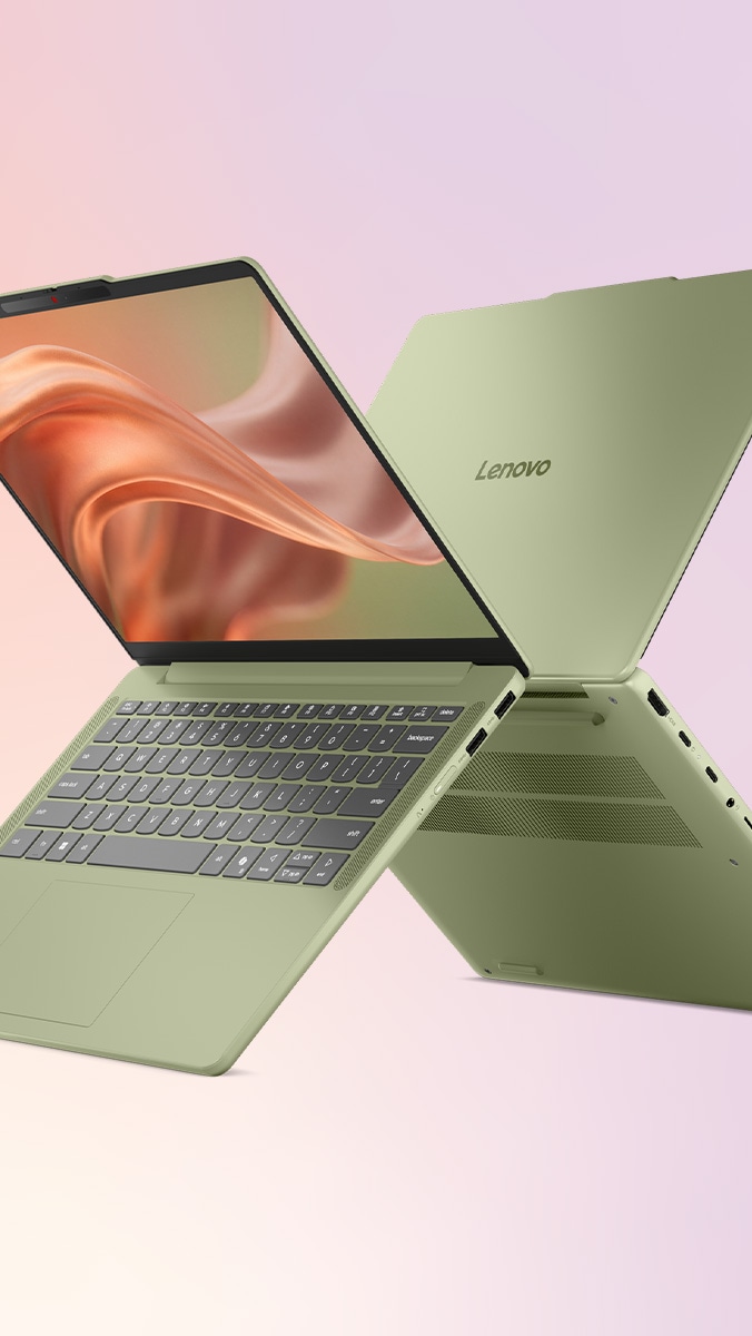Dos laptops Lenovo IdeaPad Vibe verdes zen, con las tapas abiertas, espalda con espalda en un patrón de 