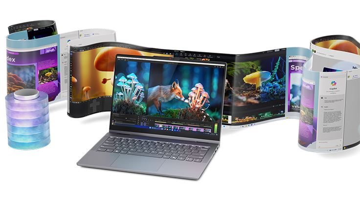 Le portable IdeaPad 5i 2 en 1 avec des scènes de nature sur l’écran et soutenu par un long défilement de l’écran de l’écran.