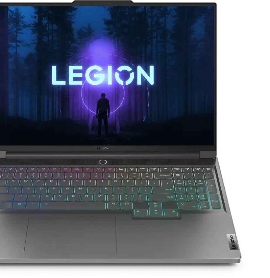Top front view of the Lenovo Legion Slim 7i with a Legion logo on the display