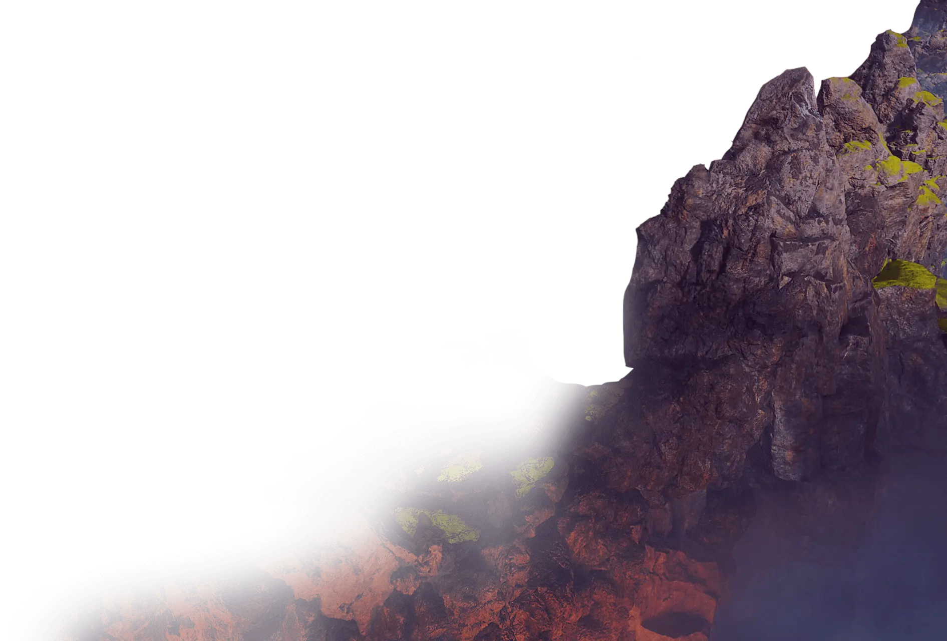 A rocky valley partially filled with fog.