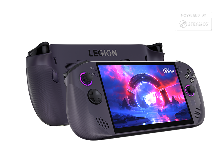 Deux Ordinateurs portables Lenovo Legion alimentés par Les appareils portables SteamOS - vues avant et arrière, dos à dos, avec un remplissage d’écran avec logo Lenovo Legion sur l’écran de celui faisant face à l’avant.