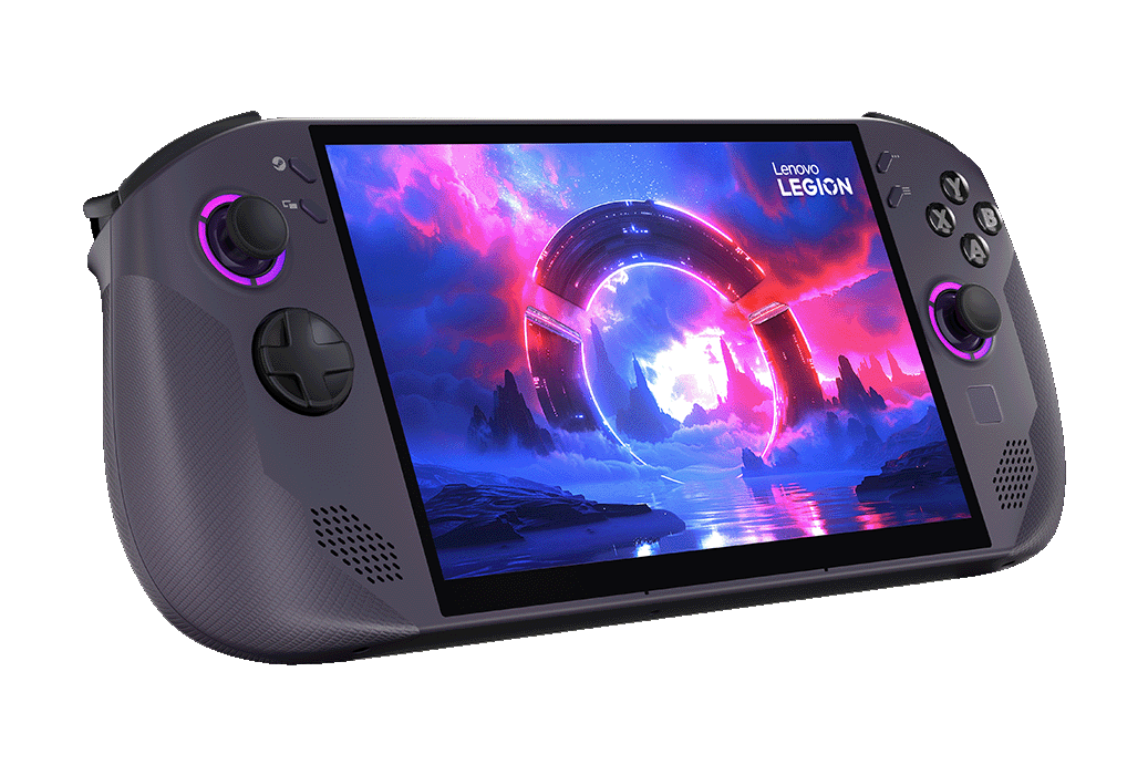 Lenovo Legion Go S alimenté par la main de jeux SteamOS avec une vive scène de jeu de science-fiction à l’écran.
