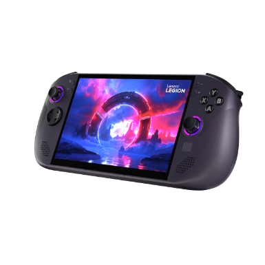 Vue avant inclinée de l’ordinateur portable de jeux Lenovo Legion Go S avec des images de sci-fi réalistes à l’écran.