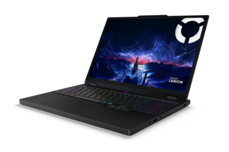 Un ordinateur portable Legion 5i Gen 10 en face avant à gauche avec éclairage de clavier RVB activé et un papier peint coloré du bureau Legion.